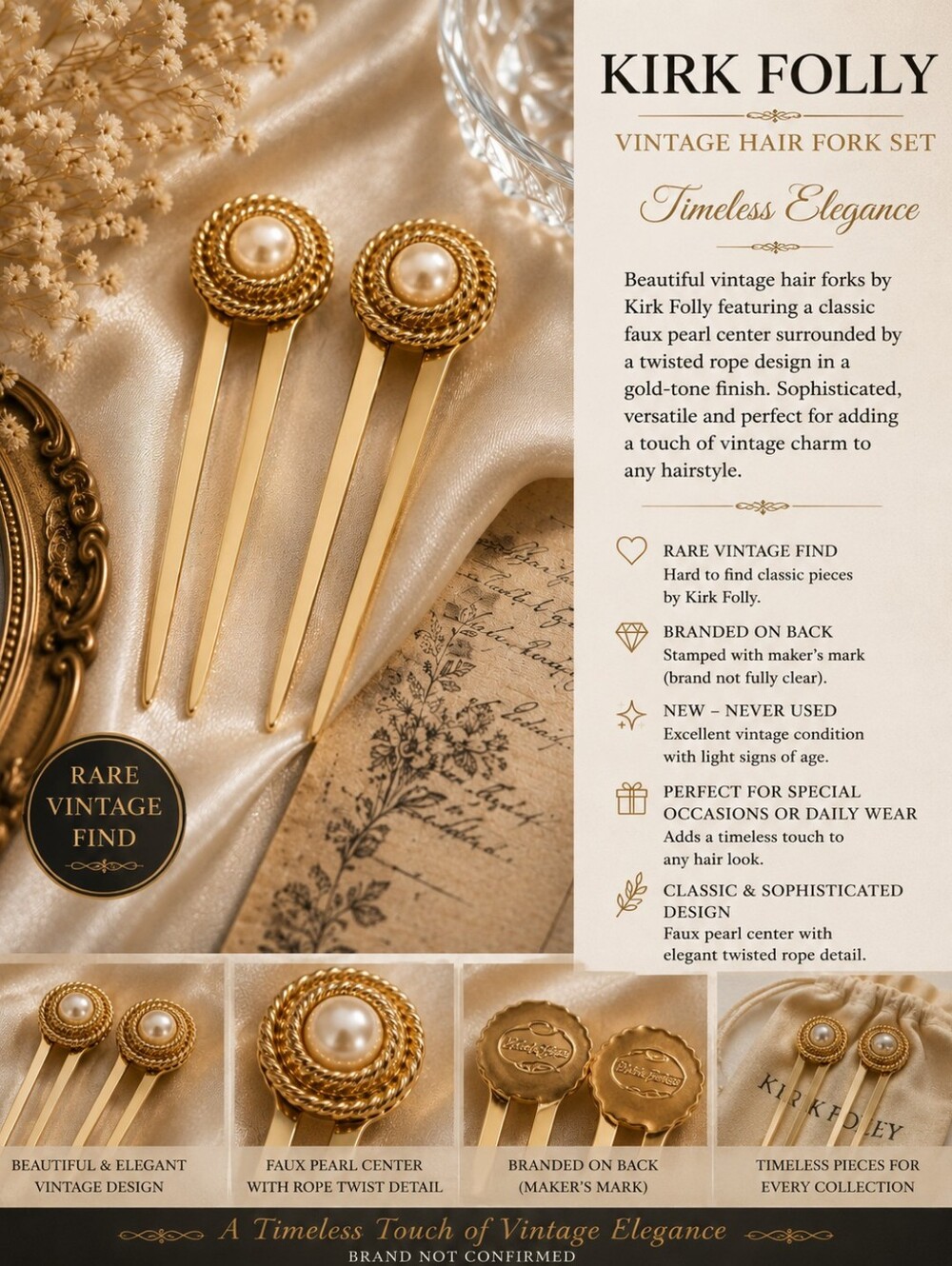 Kirk Follys Gold-Tone Faux Pearl Vintage Hair Fork Set,100% Authentic !